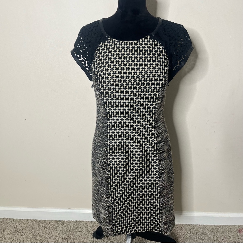 Tracy Reese NY Women’s Black White Tweed Lace Leather Trim Sheath Dress Sz S